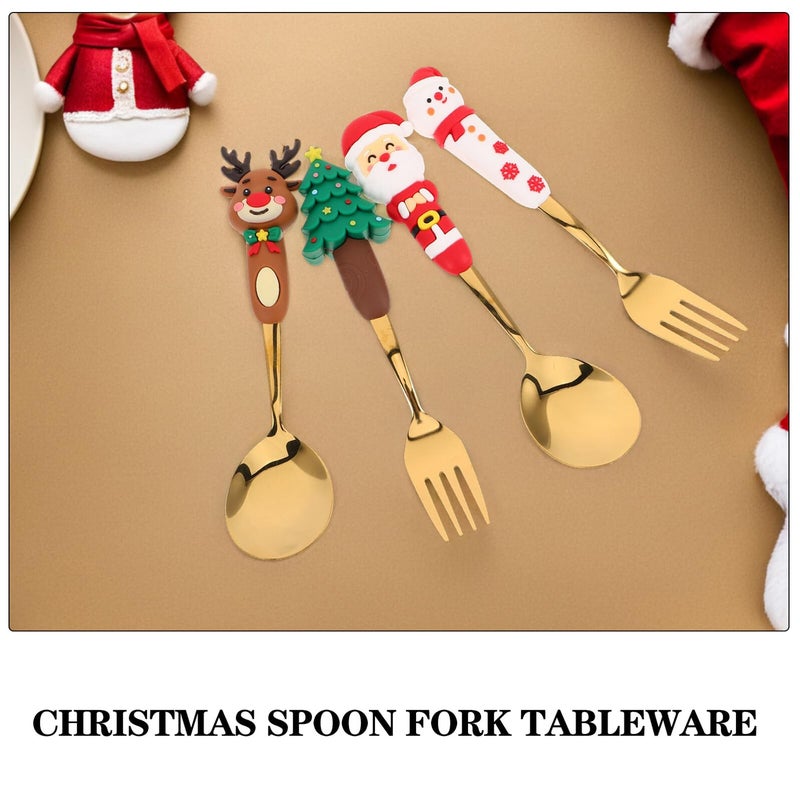 Christmas Dessert Spoon and Fork Set 4pcs Stainless Steel with Santa Tree Toppers - Image 4