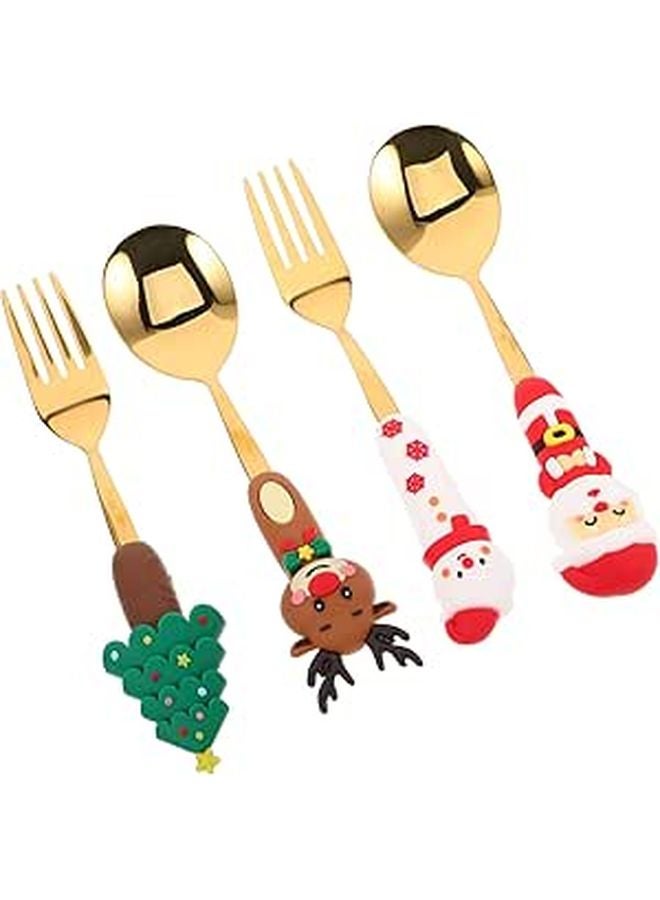 Christmas Dessert Spoon and Fork Set 4pcs Stainless Steel with Santa Tree Toppers - Image 1