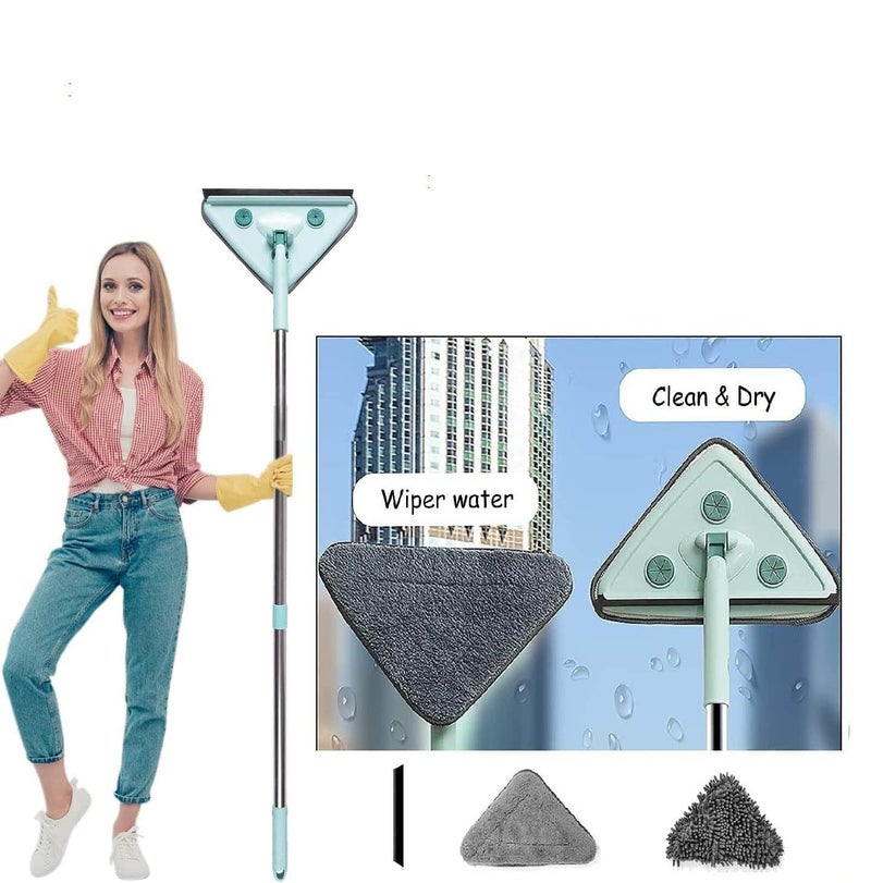 KRLZ Wet Dry Mop Adjustable Long Handle 360 Rotatable Triangle Microfiber Floor Cleaning mop with Glass Cleaner Squeeze Wiper Wet and Dry Flat mop - Image 1
