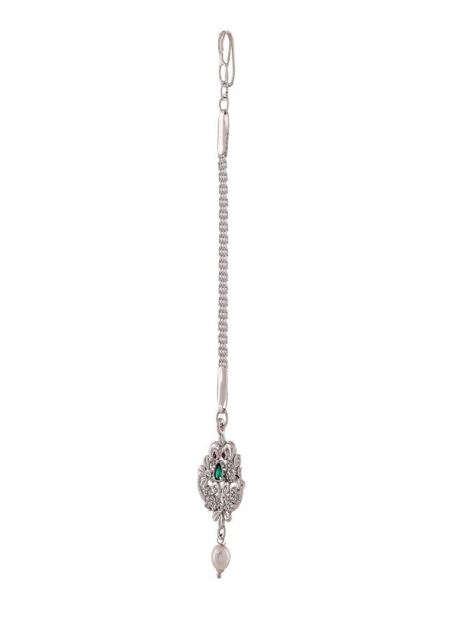 Estele CZ Entwined Peacock Designer Maang Tikka with Pearls for Girls & Women's - Image 3