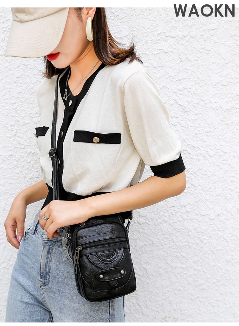 WAOKN Crossbody coin purse, soft leather texture, single shoulder crossbody coin purse, simple design, casual small square bag, mobile phone bag, coin purse versatile (black). - Image 3