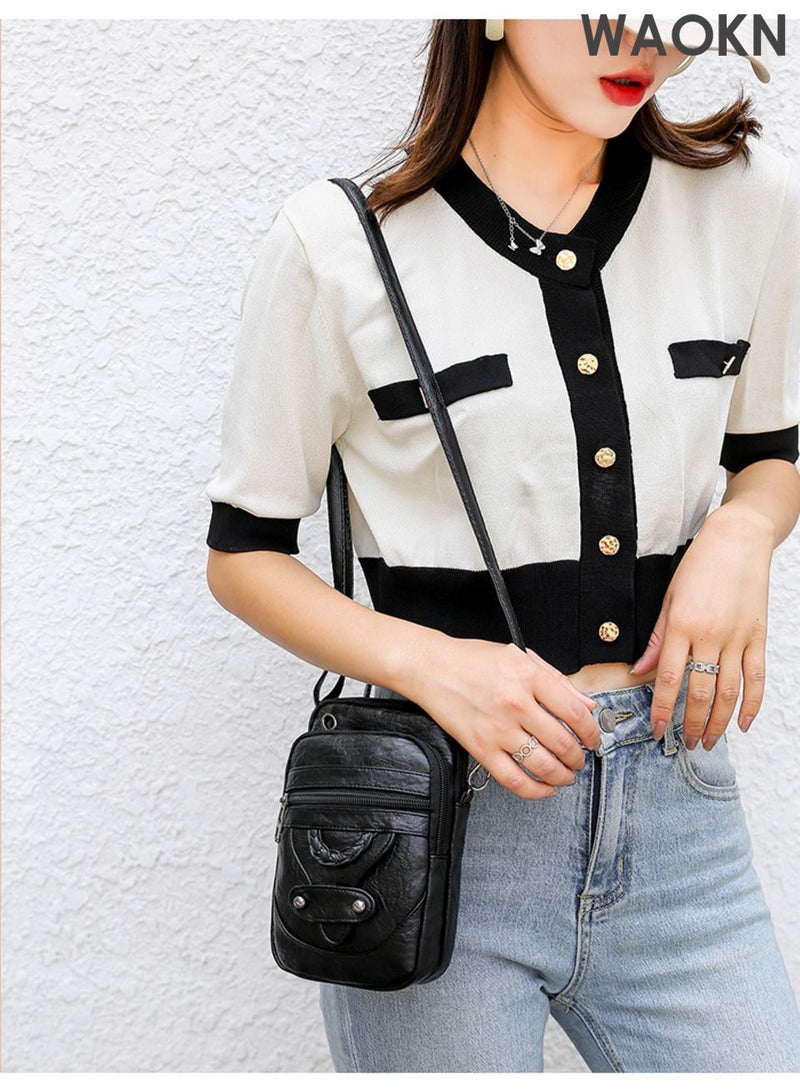 WAOKN Crossbody coin purse, soft leather texture, single shoulder crossbody coin purse, simple design, casual small square bag, mobile phone bag, coin purse versatile (black). - Image 2