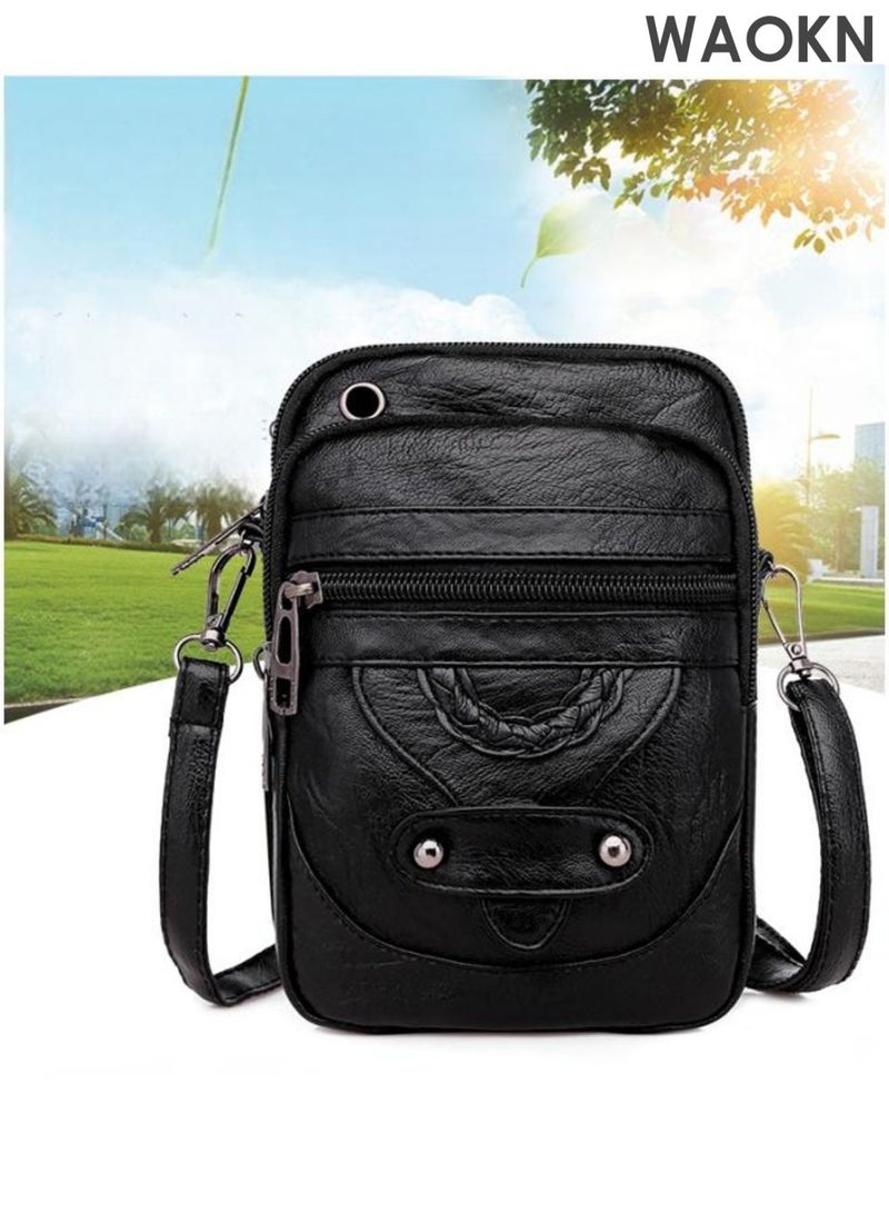 WAOKN Crossbody coin purse, soft leather texture, single shoulder crossbody coin purse, simple design, casual small square bag, mobile phone bag, coin purse versatile (black). - Image 5