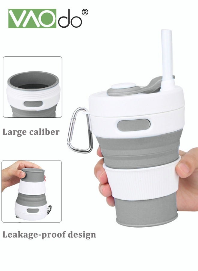 VAOdo Foldable Coffee Cup Portable Foldable Travel Cup 450ml Durable and Reusable Camping Bottle Bpa-free Silicone Pocket Mug with Straw and Lid for Travel Outdoor Hiking Grey  - Image 2