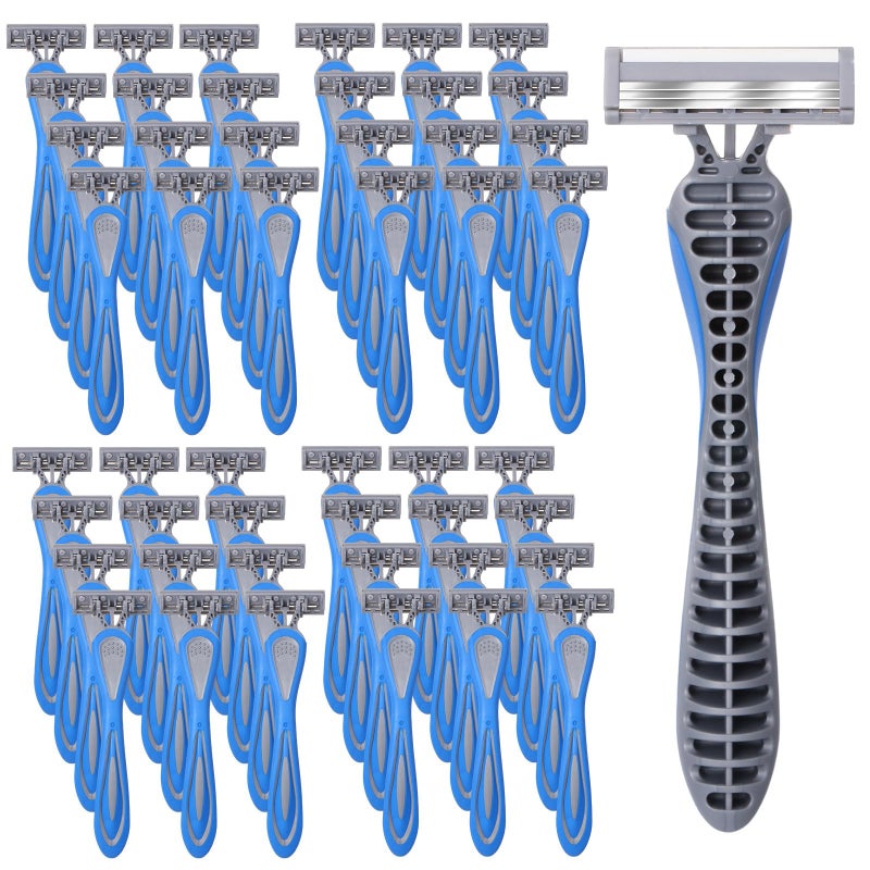 Leriton 60 Pcs Mens Disposable Razors Bulk 3 Blade Sensitive Skin Shaving Razor Long Blade for Hotel Spa Travel