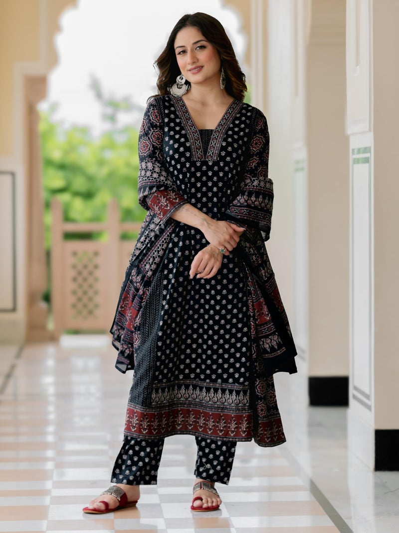 Arayna Women’s 100% Pure Cotton Printed Ethnic Suit | A-Line Kurta Set with Pant & Dupatta, Black, Large - Image 2