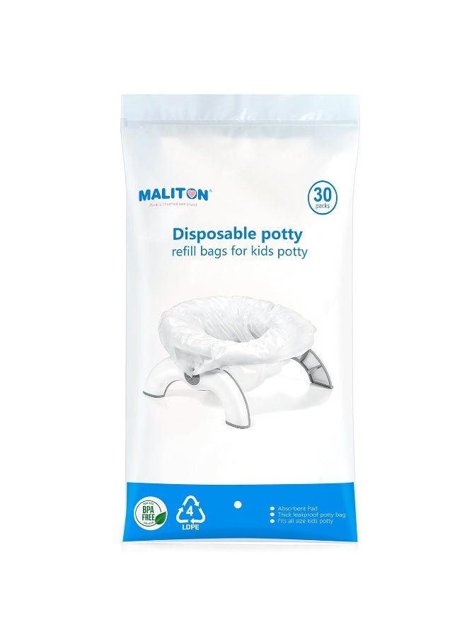Maliton [30 عدداً] بطانات مرحاض قابلة للتخلص منها مع وسادات ماصة، أكياس مرحاض سفر محمولة متوافقة مع OXO Tot 2 في 1 Go Potty، بطانات تدريب المرحاض تناسب معظم كراسي المرحاض للأطفال، الصغار - Image 1