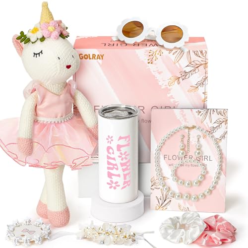 Golray Flower Girl Proposal Gifts Set Will You Be My Flower Girl Gift with 16in Knitted Unicorn 15oz CupFloral SunglassesHair AccessoryJewelry Set Wedding Bride Gift Box Unicorn Toys for Girls - Image 1