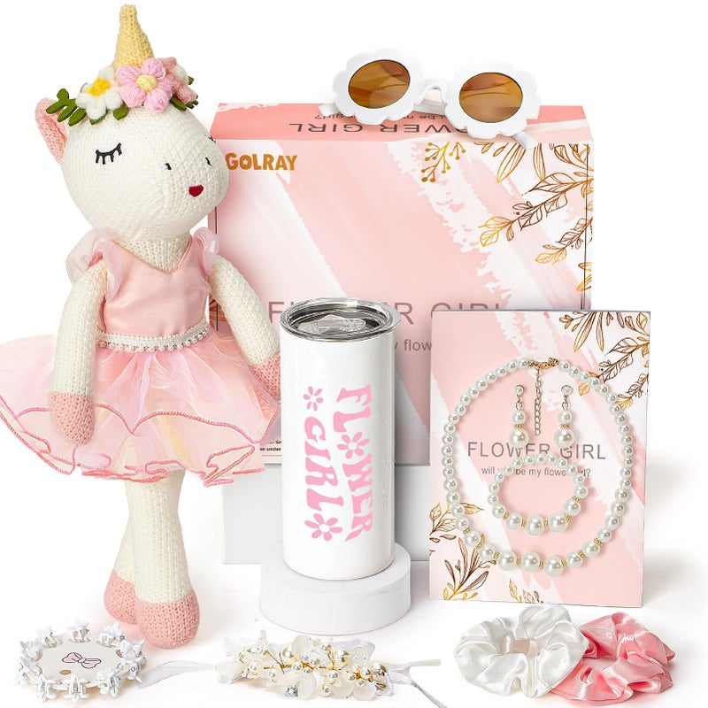 Golray Flower Girl Proposal Gifts Set Will You Be My Flower Girl Gift with 16in Knitted Unicorn 15oz CupFloral SunglassesHair AccessoryJewelry Set Wedding Bride Gift Box Unicorn Toys for Girls - Image 2
