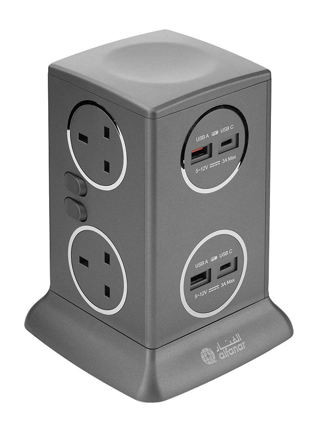 AL FANAR - Power Extension Tower 6 Sockets 13A 3M Silver Grey - Image 1