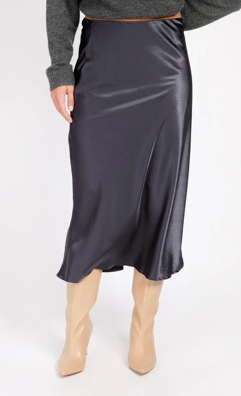 Little Mistress Grey Satin Midi Slip Skirt