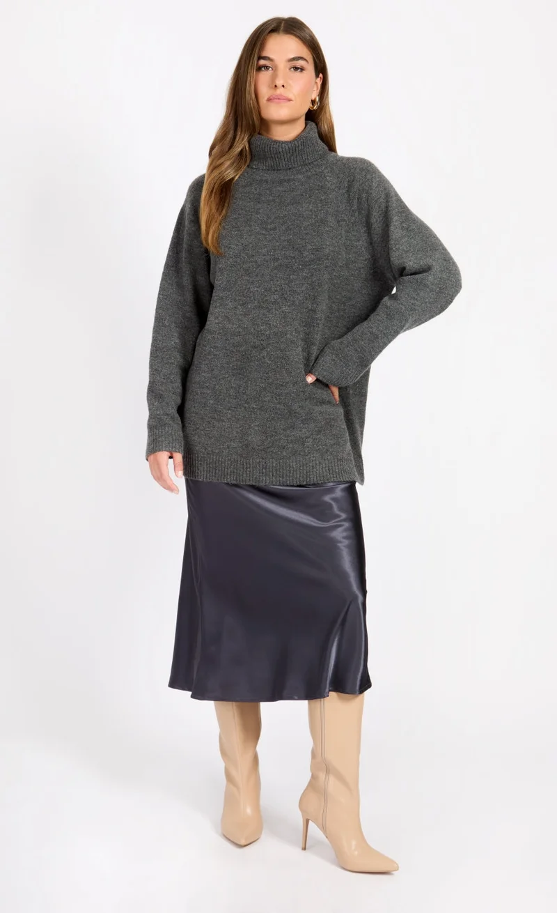 Grey Satin Midi Slip Skirt