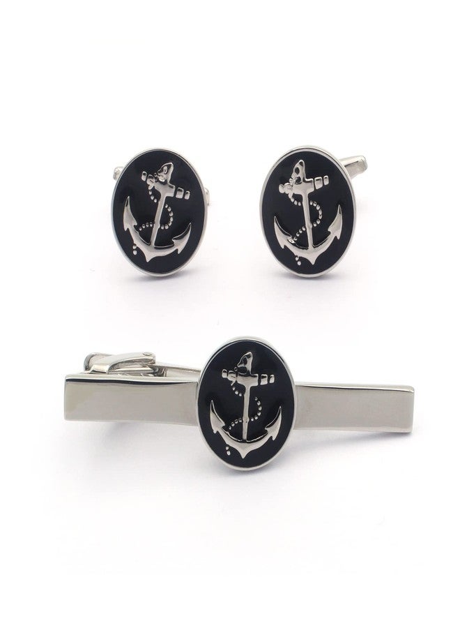 Vcufflinks Black Anchor Cufflinks and Tie Clip Set, Nautical Cufflinks and Tie Clip - Image 1