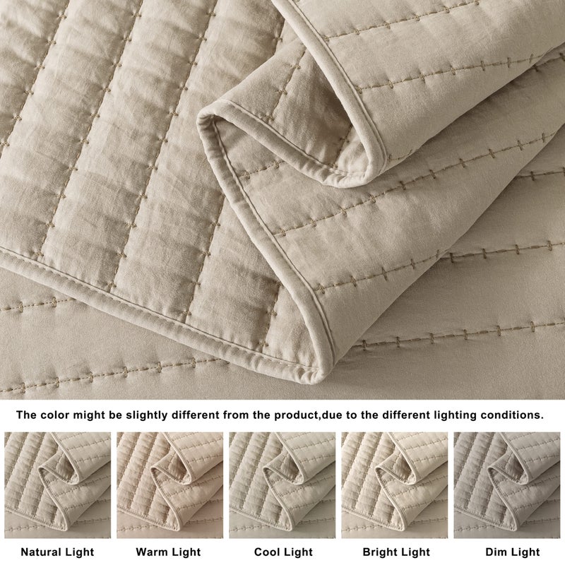 ROARINGWILD Beige Cream Tan Twin Size Quilt Bedding Sets with Pillow Shams, Lightweight Soft Bedspread Coverlet, Quilted Blanket Thin Comforter Bed Cover for All Season, 2 Pieces, 68x90 inches - Image 4