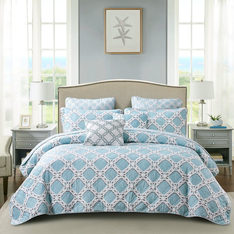 Home Soft Things 7 Piece Printed Microfiber Bedspread Quilts Set 90 x 90 Queen Monroe Blue Geometric Lightweight Bed Cover Coverlet Bedding Set with Matching Shams Pillows