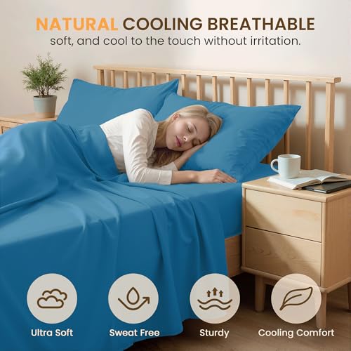 USXIBEI Queen Size 4 Piece Bed Sheet Set - Ultra Imitation Cotton-Premium Breathable & Cooling Sheets - Hotel Luxury Bed Sheets Deep Pocket up to 15"- Wrinkle, Fade(Denim Blue, Queen) - Image 3