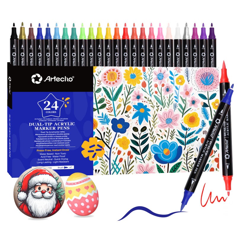 Artecho Acrylic Paint Markers 24 Colors, Acrylic Paint Pens with Brush Tip and Fine Tip for Stone, Rock Painting, Paper, Pumpkin, Wood, Egg, Canvas, Ceramic, Fabric, leather, Glass, DIY Crafts - Image 1