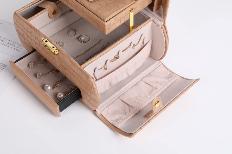 Sagrach Jewelry Box Organizer for Women Girls | 3 Layer Medium Jewellery Storage Case Lockable | PU Leather Jewel Holder for Necklace Earrings Rings Women's(1Pc, Brown Color) - Image 3