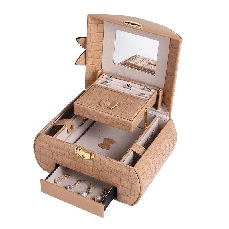 Sagrach Jewelry Box Organizer for Women Girls | 3 Layer Medium Jewellery Storage Case Lockable | PU Leather Jewel Holder for Necklace Earrings Rings Women's(1Pc, Brown Color) - Image 1