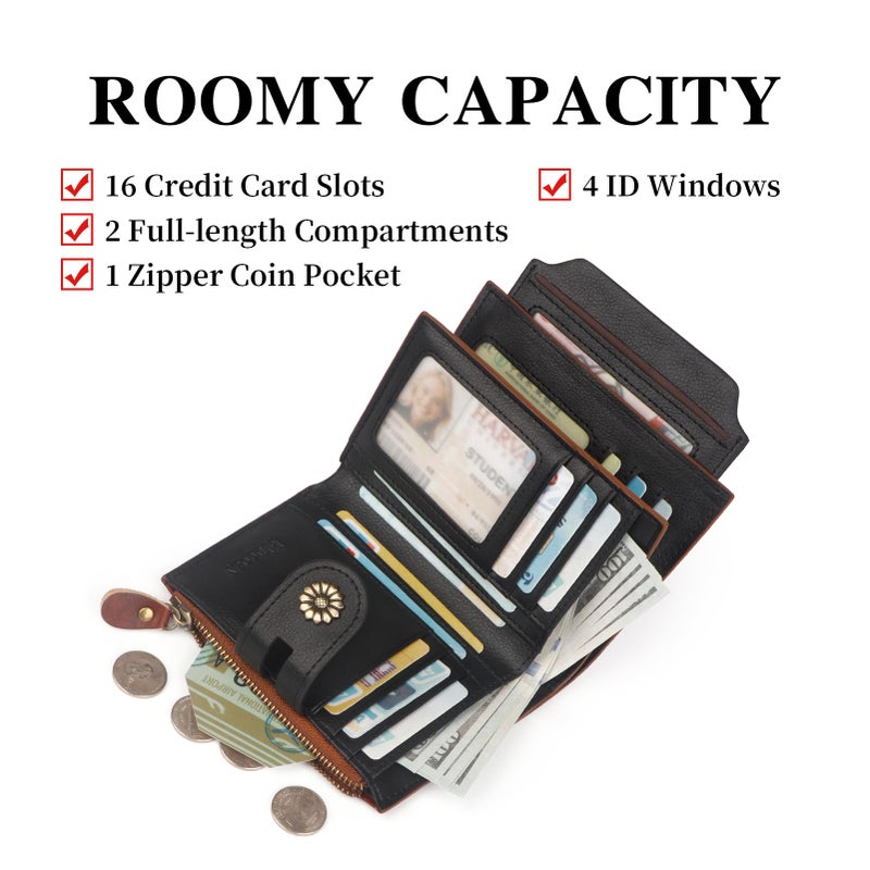 Blucoay Leather Wallet Women,RFID Blocking Womens Wallet Bifold Compact Small Wallet for Women Card Holder with Zip Coin Pocket Brownblack - Image 3