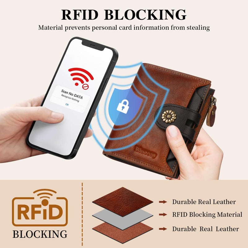 Blucoay Leather Wallet Women,RFID Blocking Womens Wallet Bifold Compact Small Wallet for Women Card Holder with Zip Coin Pocket Brownblack - Image 5