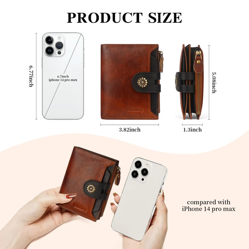 Blucoay Leather Wallet Women,RFID Blocking Womens Wallet Bifold Compact Small Wallet for Women Card Holder with Zip Coin Pocket Brownblack - Image 4