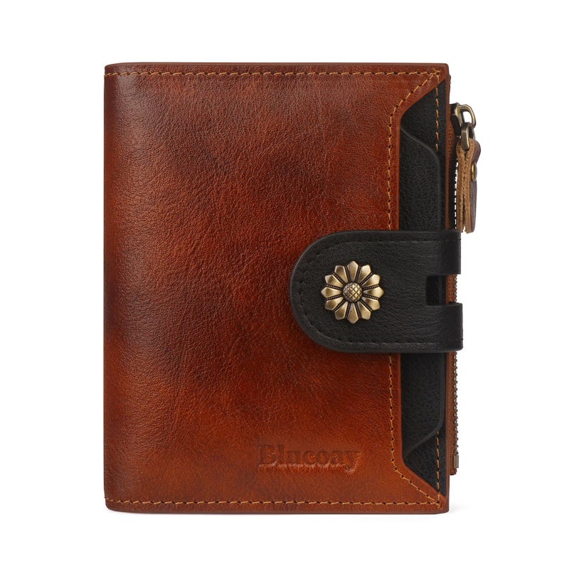Blucoay Leather Wallet Women,RFID Blocking Womens Wallet Bifold Compact Small Wallet for Women Card Holder with Zip Coin Pocket Brownblack - Image 1