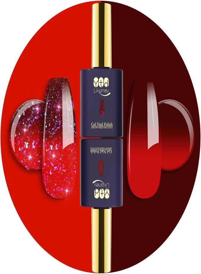 YTD Likomey Gel Polish Set,15ml Color Changing Red To Burgundy Red Pure Color and Brocade Glitter Nail Gel Kit,Thermal Ombre Change Colors Translucent Salon Manicure UV Varnish,2 Pcs 0.5 Oz,WB2-02 - Image 1