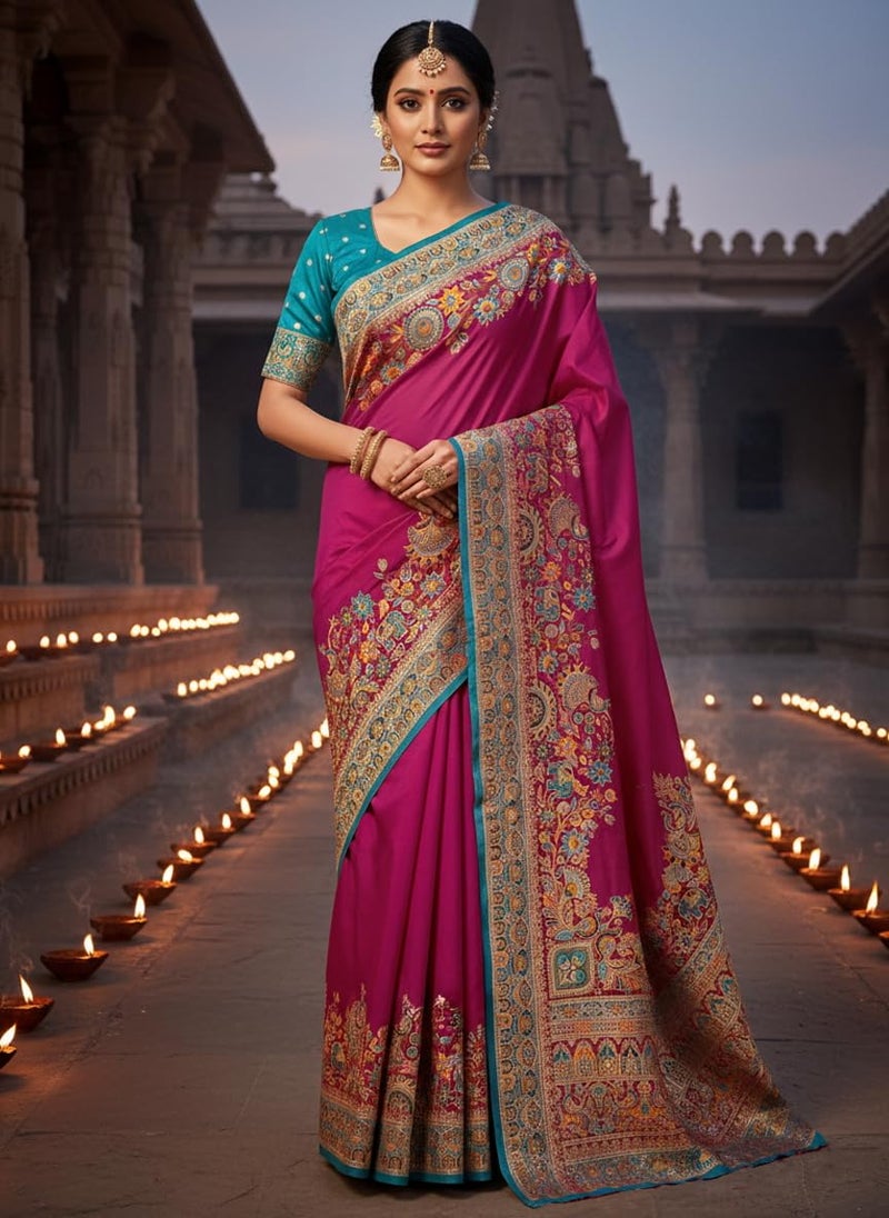 Glory Sarees Women's Kashmiri Pashmina Pure Silk Meenakari Woven Saree With Blouse Piece (Pashmina_Silk102_Wine) - Image 2