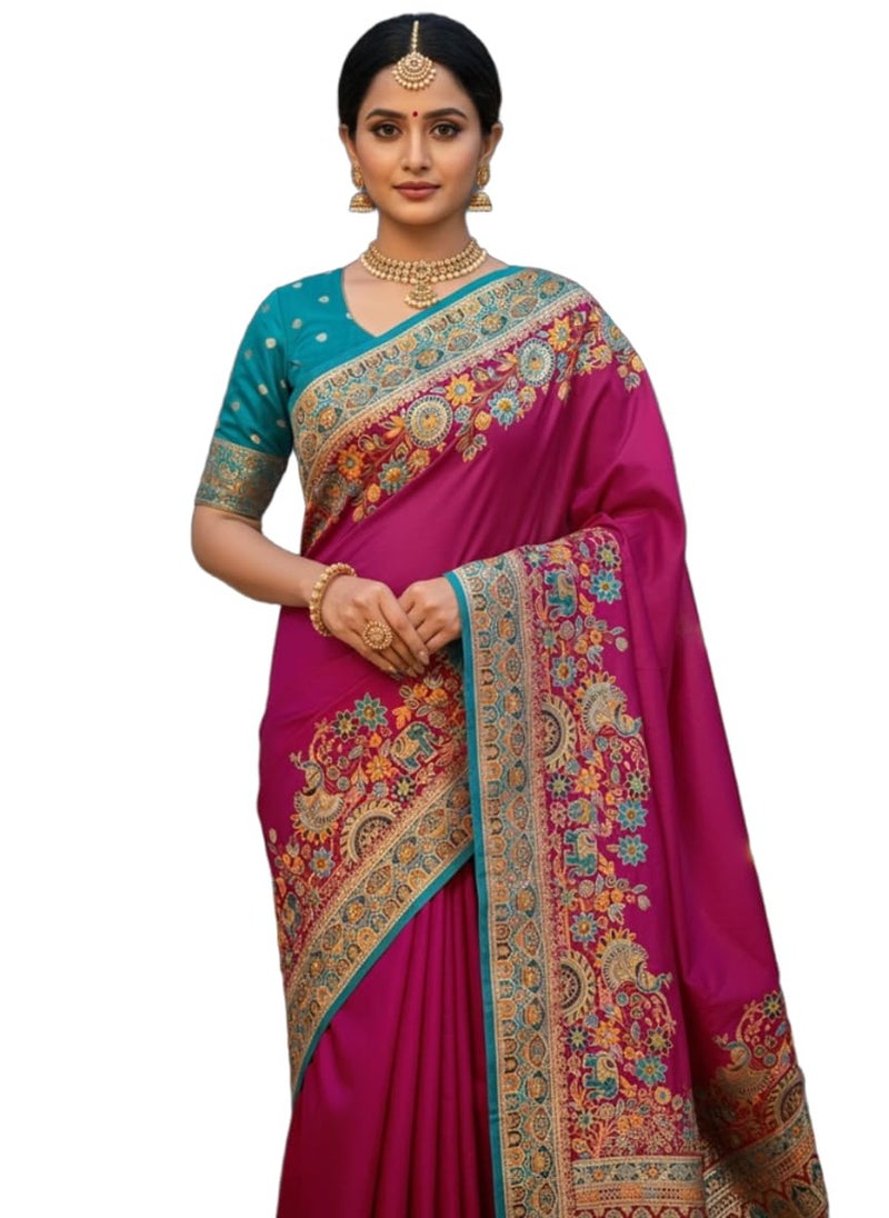 Glory Sarees Women's Kashmiri Pashmina Pure Silk Meenakari Woven Saree With Blouse Piece (Pashmina_Silk102_Wine) - Image 1