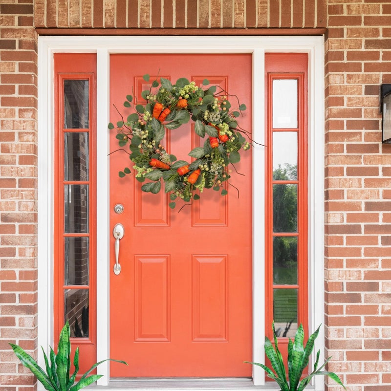 Quixem Spring Wreath Artificial Carrot Eucalyptus Wreath 22IN, Orange Green White, Spring Easter Summer Front Door Wall Decor - Image 5