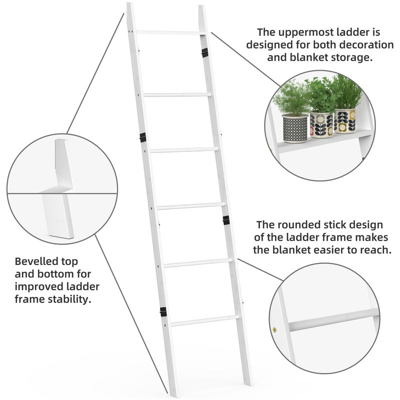 BAMBANG 6-Tier Blanket Ladder for Living Room, Blanket Quilt Ladder Rack Rustic Decorative Towel Holder, Wall Leaning Blanket Ladder Shelf Storage Farmhouse Decor for Bedroom Bathroom, White - Image 2