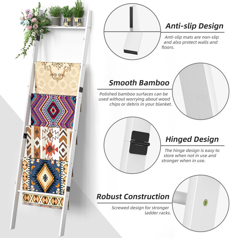 BAMBANG 6-Tier Blanket Ladder for Living Room, Blanket Quilt Ladder Rack Rustic Decorative Towel Holder, Wall Leaning Blanket Ladder Shelf Storage Farmhouse Decor for Bedroom Bathroom, White - Image 3