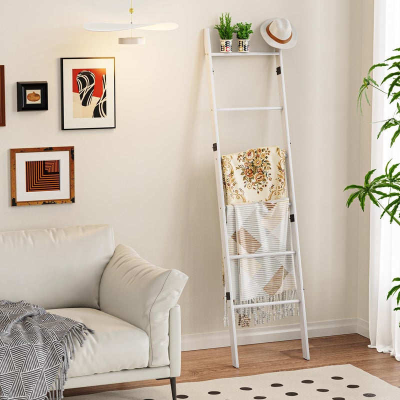 BAMBANG 6-Tier Blanket Ladder for Living Room, Blanket Quilt Ladder Rack Rustic Decorative Towel Holder, Wall Leaning Blanket Ladder Shelf Storage Farmhouse Decor for Bedroom Bathroom, White - Image 4