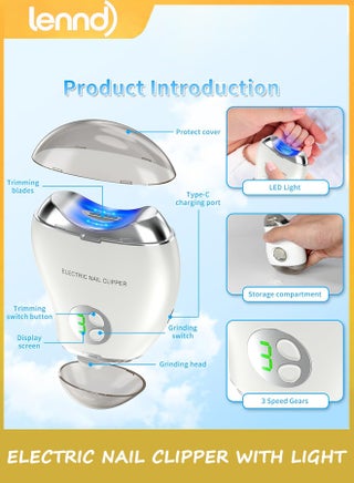 Automatic Electric Nail Clipper, 2 in 1 Baby Nail Trimmer with LED Light & Storage Box, Rechargeable Portable Fingernail Cutter with 3 Speed Gears, Safe Nail File for Baby, Kids, Adults, Seniors - view 2