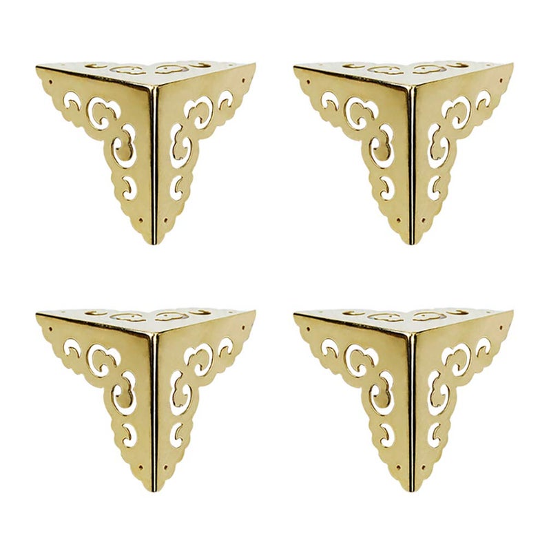 Tiazza 4Pcs Vintage Pure Brass Hollow Cloud Pattern Corner Protectors Antique Hardware Desk Edge Wooden Jewelry Gift Box Cabinet Three Sides Full Encase Corner Guard Gold Tone - Image 1