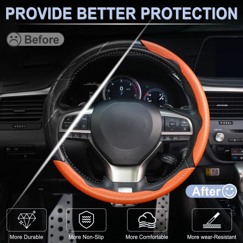 Amiss 3pcs Carbon Fiber Anti-Skid Steering Wheel Cover, Waterproof & Segmented Butterfly Design, Universal 99% Vehicle Wheel Cover Protector, Car Interior Accessories, Orange - Image 4