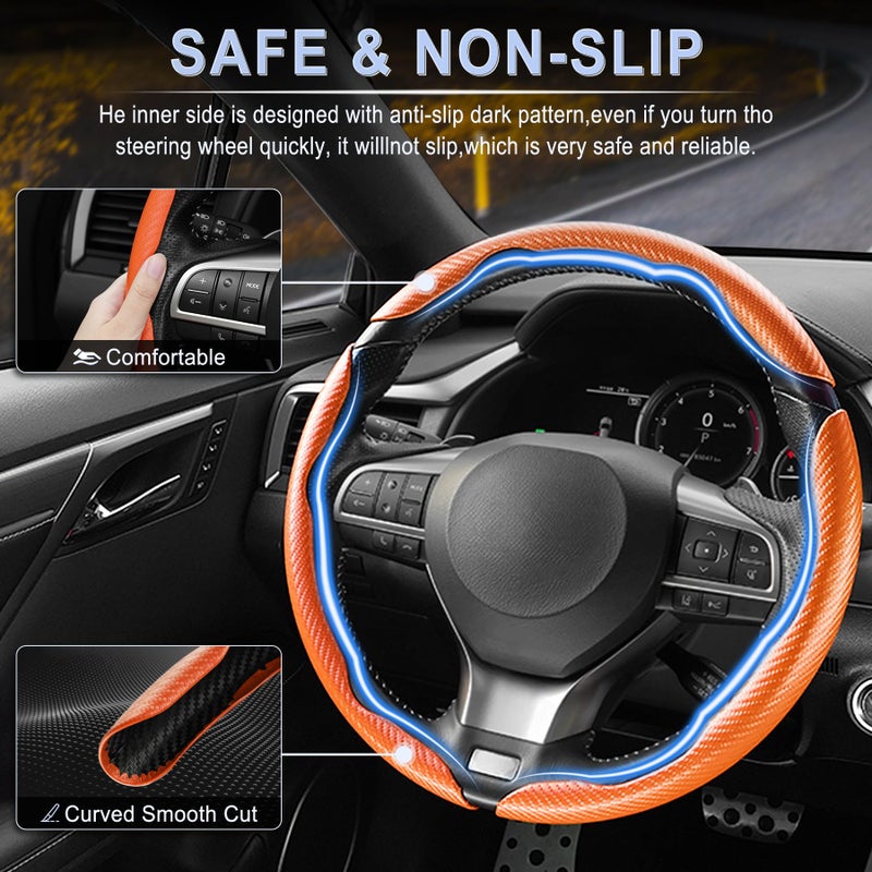Amiss 3pcs Carbon Fiber Anti-Skid Steering Wheel Cover, Waterproof & Segmented Butterfly Design, Universal 99% Vehicle Wheel Cover Protector, Car Interior Accessories, Orange - Image 3
