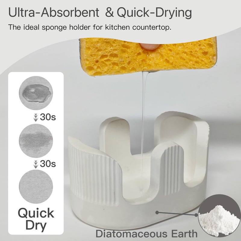 BekPooQ Ultra Absorbent Stone Sponge Holder for Kitchen Sink, 2 Slot Diatomite Dish Brush Sponge Holder, Diatomite Stone Sink Tray, Rustproof Sinks Caddy for Countertop, Double, White - Image 3