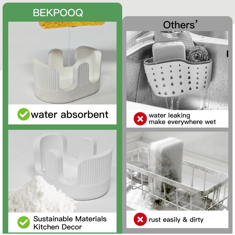 BekPooQ Ultra Absorbent Stone Sponge Holder for Kitchen Sink, 2 Slot Diatomite Dish Brush Sponge Holder, Diatomite Stone Sink Tray, Rustproof Sinks Caddy for Countertop, Double, White - Image 5