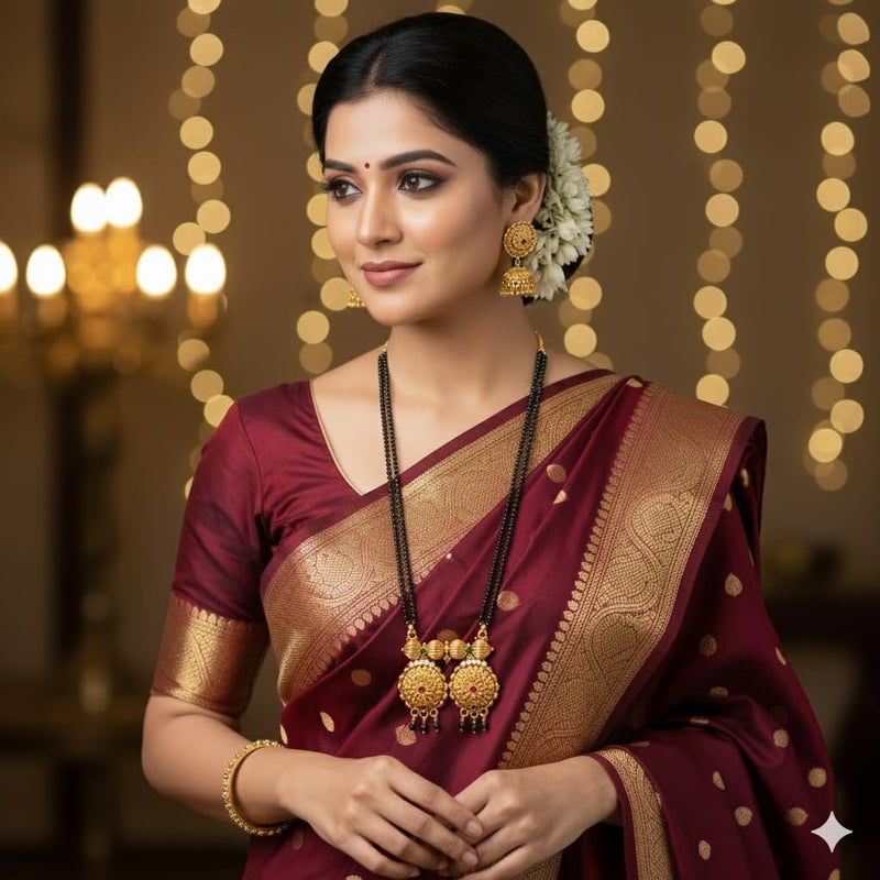AAIKU Traditional Maharashtrian Wati Mangalsutra | Gold Plated Long Chain with Black Beads | Stylish Tanmaniya Nallapusalu Chains Pendant Necklace for Women & Girls - Image 2