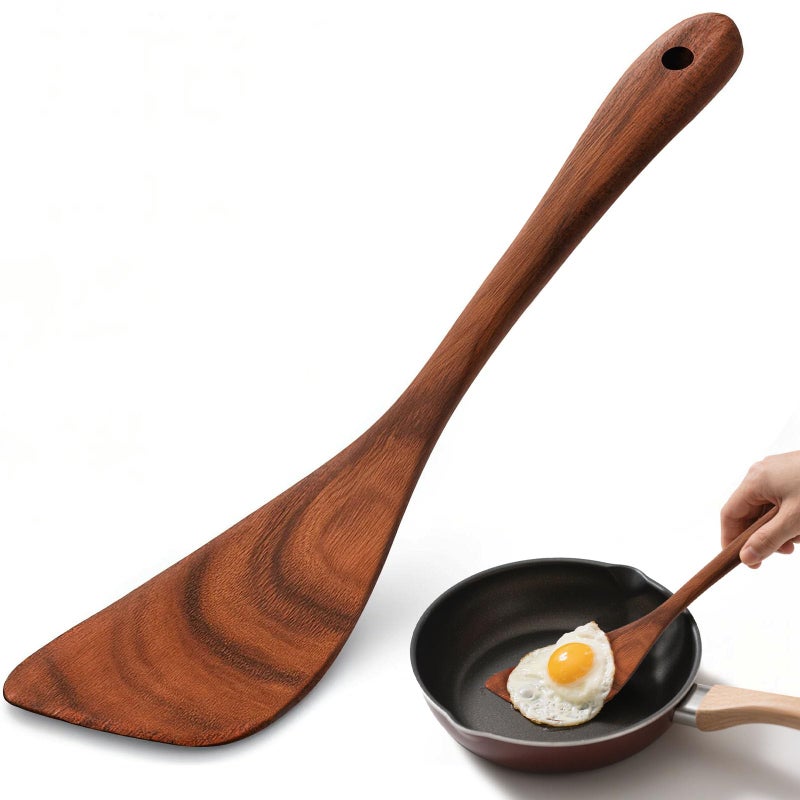HANSGO Wooden Spatula 12 Inch Acacia Wood Nonstick Turner Right Hand Long Handle Flat Frying Spatulas Kitchen Gift for Mother Wife Grandma Non Toxic Cooking Utensils for Eggs Fish Pancakes