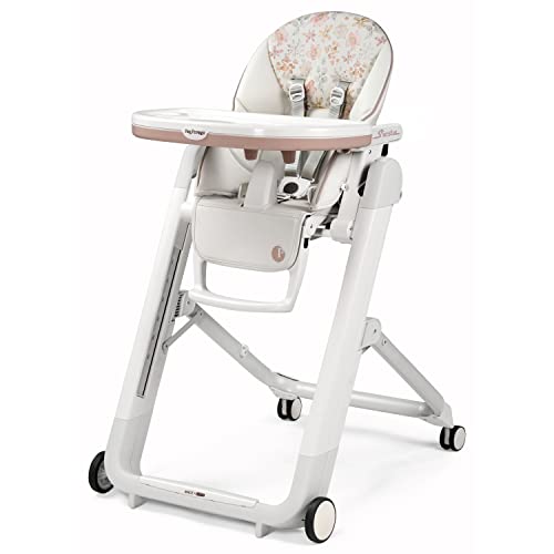 Peg Perego Siesta Grow with Baby Folding High Chair Recliner Height Adjustable Quick Clean Easy Push Wheels for Babies Toddlers Made in Italy Aquarelle White