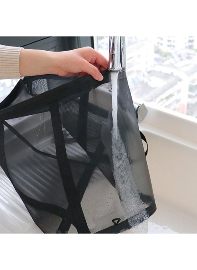 TYCOM Laundry Mesh Bag with Handles Collapsible Laundry Basket Hamper Foldable Laundry Bag Breathable Folding Beach Bag Space saving Travel Tote Bags Strip Black.  - Image 4
