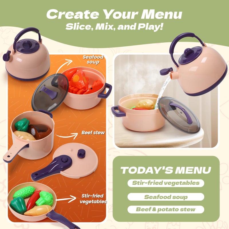 CUTE STONE 51-Piece Mini Play Kitchen Accessories for Kids, Pretend Cooking Playset with Pots, Pans, Utensils, Cutting Fun Fruits & Veggies, Learning Gift for Toddlers, Girls & Boys - Image 5