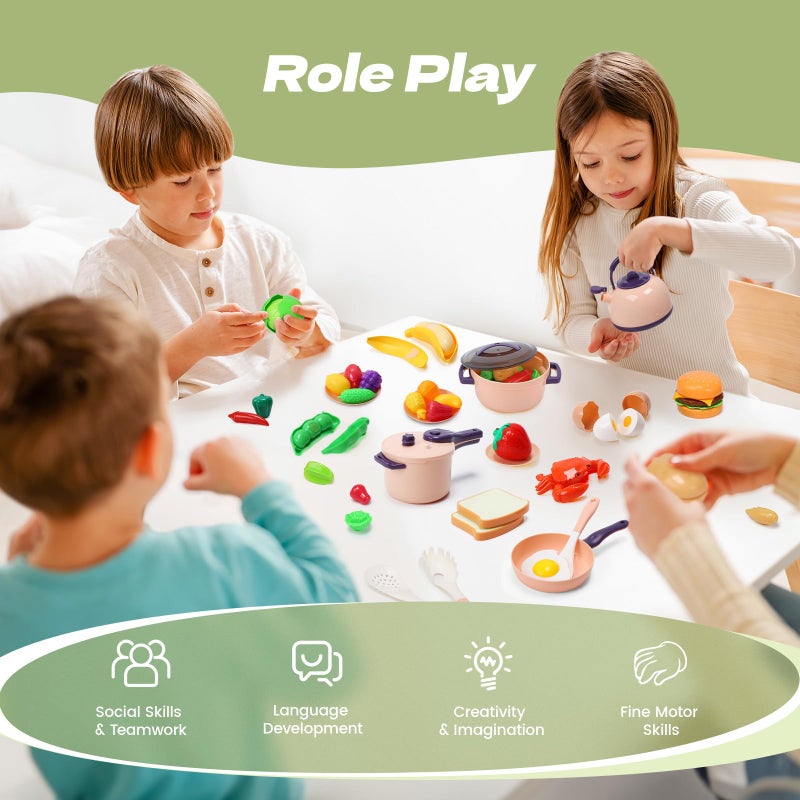 CUTE STONE 51-Piece Mini Play Kitchen Accessories for Kids, Pretend Cooking Playset with Pots, Pans, Utensils, Cutting Fun Fruits & Veggies, Learning Gift for Toddlers, Girls & Boys - Image 2