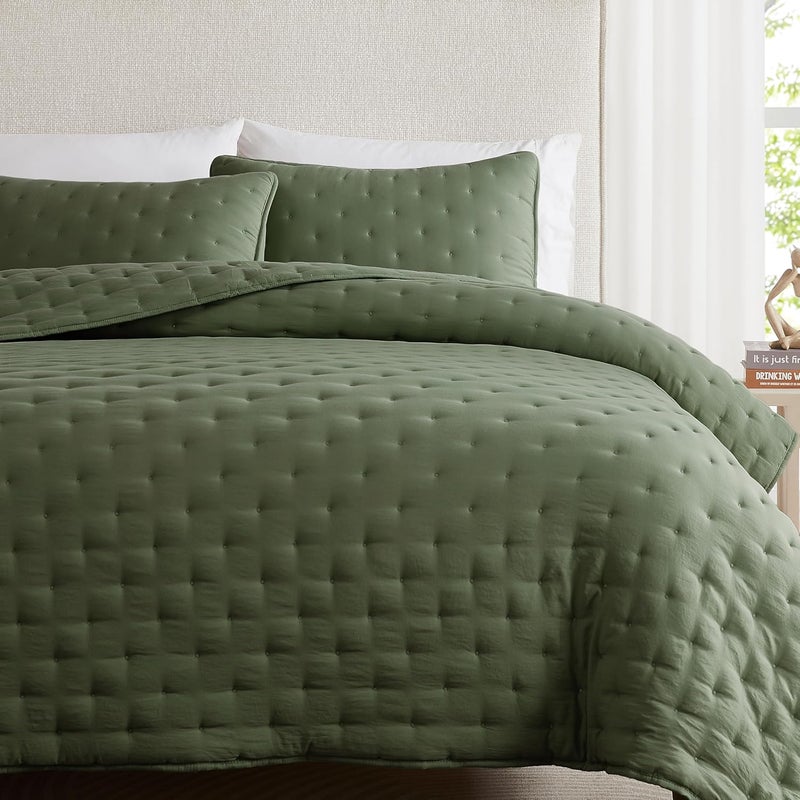 WDCOZY Olive Green California Cal King Size Quilt Bedding Sets with Pillow Shams, Oversized Lightweight Bedspread Coverlet, Bed Cover for All Season - 3 Pieces, 118x106 inches - Image 1