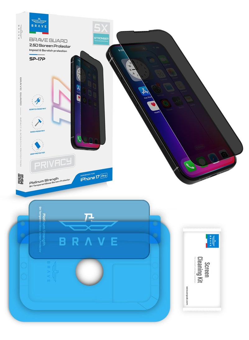 Brave iPhone 17 Pro Privacy HD Tempered Glass Screen Protector - Premium Privacy Protection, Edge-to-Edge Coverage, 9H Hardness, Ultra Scratch Resistant, Fingerprint Resistant, Smudge-Free, Smooth Touch, Face ID Compatible, Bubble-Free Installation with Tray, Thin & Premium Protection (Black) - Image 1