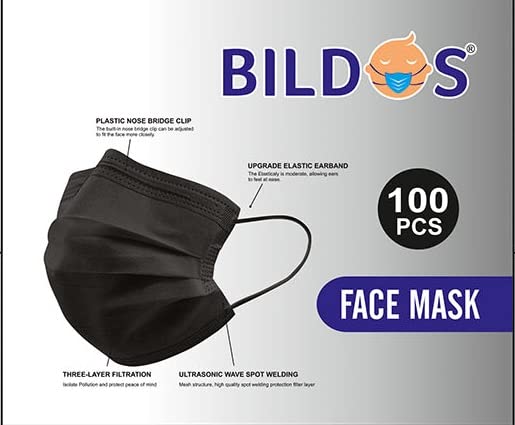 Bildos® Melt-Blown Fabric 100 Black Masks Pack 3 Layer Disposable Face Mask with Nose Clip For Home, Office, School, and Outdoors - Image 3