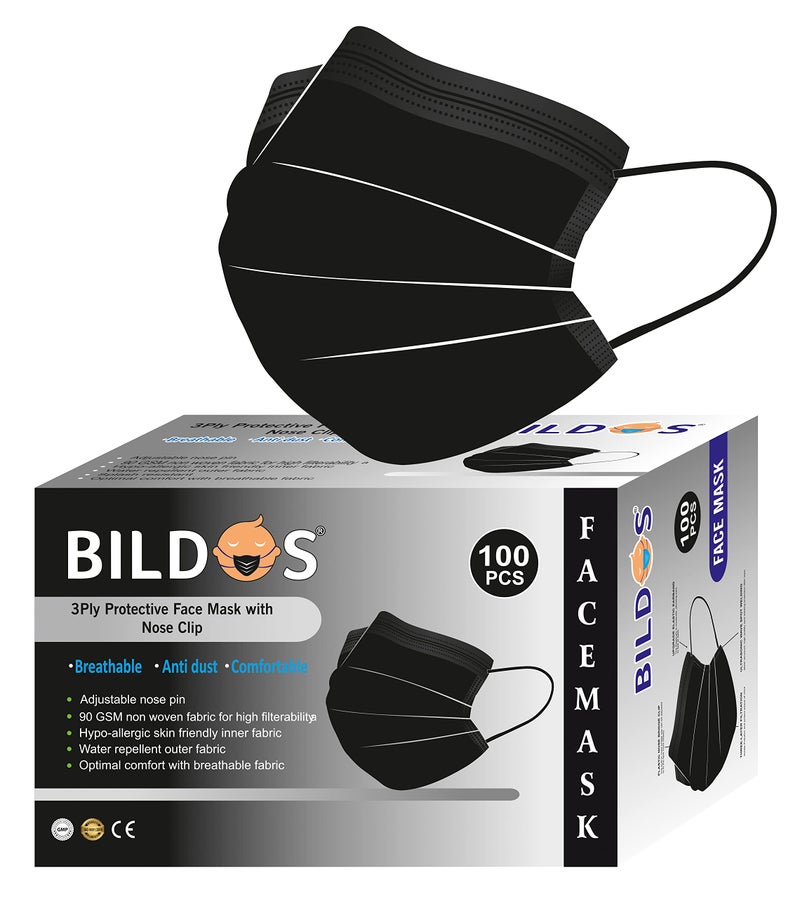 Bildos® Melt-Blown Fabric 100 Black Masks Pack 3 Layer Disposable Face Mask with Nose Clip For Home, Office, School, and Outdoors - Image 1